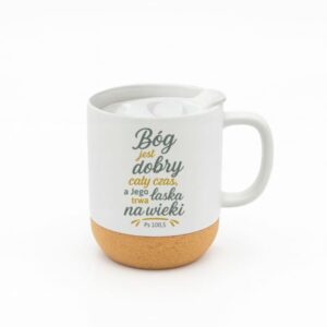 Kubek z wieczkiem Bóg jest dobry biały